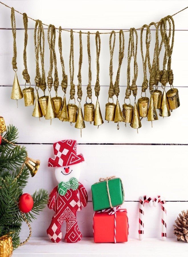Mie Creations Set of 20 Rustic Vintage Tin Bells, Handmade Christmas Bells on Jute Rope, Decorative Christmas Tree Ornaments, 2inch Jingle Bells for Crafts, Metal Hanging Wreath Cowbells- Antique Gold - Image 2